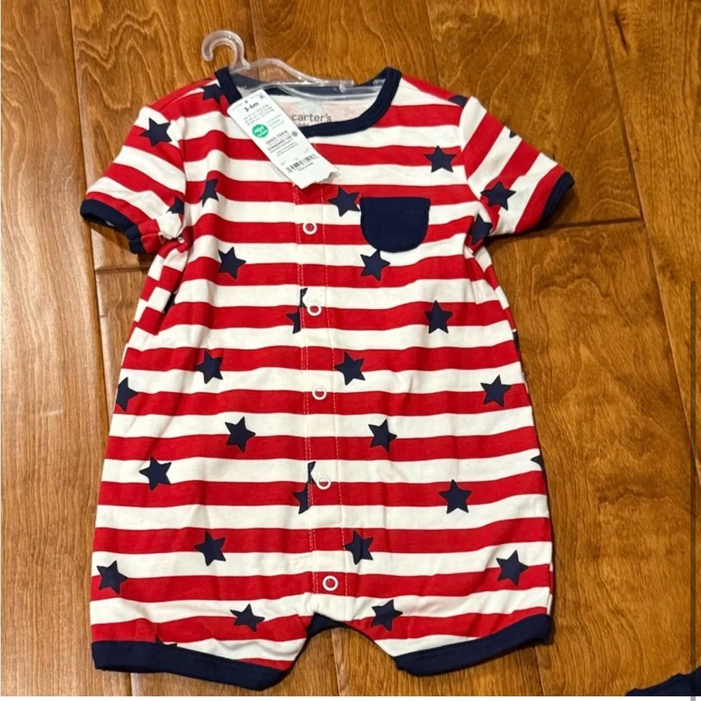 NWT Size 3-6 months Carter's Red and White Striped Baby Romper with Blue Stars